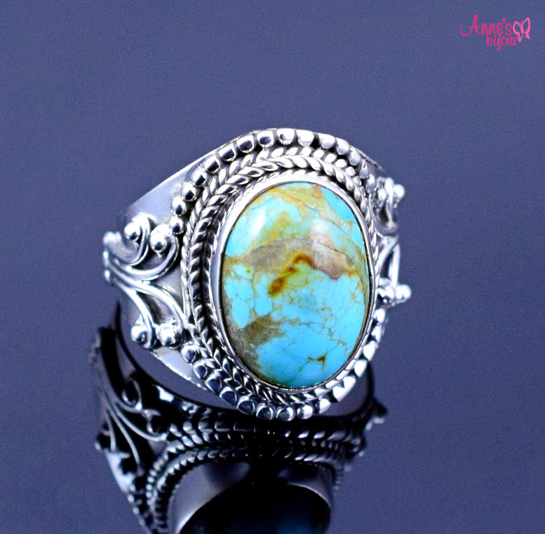 Inel handmade din argint cu turcoaz cabochon, model ornamental-0